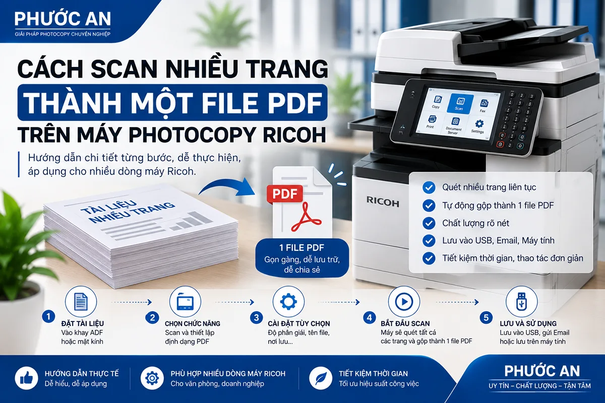 Cách scan nhiều trang thành một file PDF trên máy photocopy Ricoh