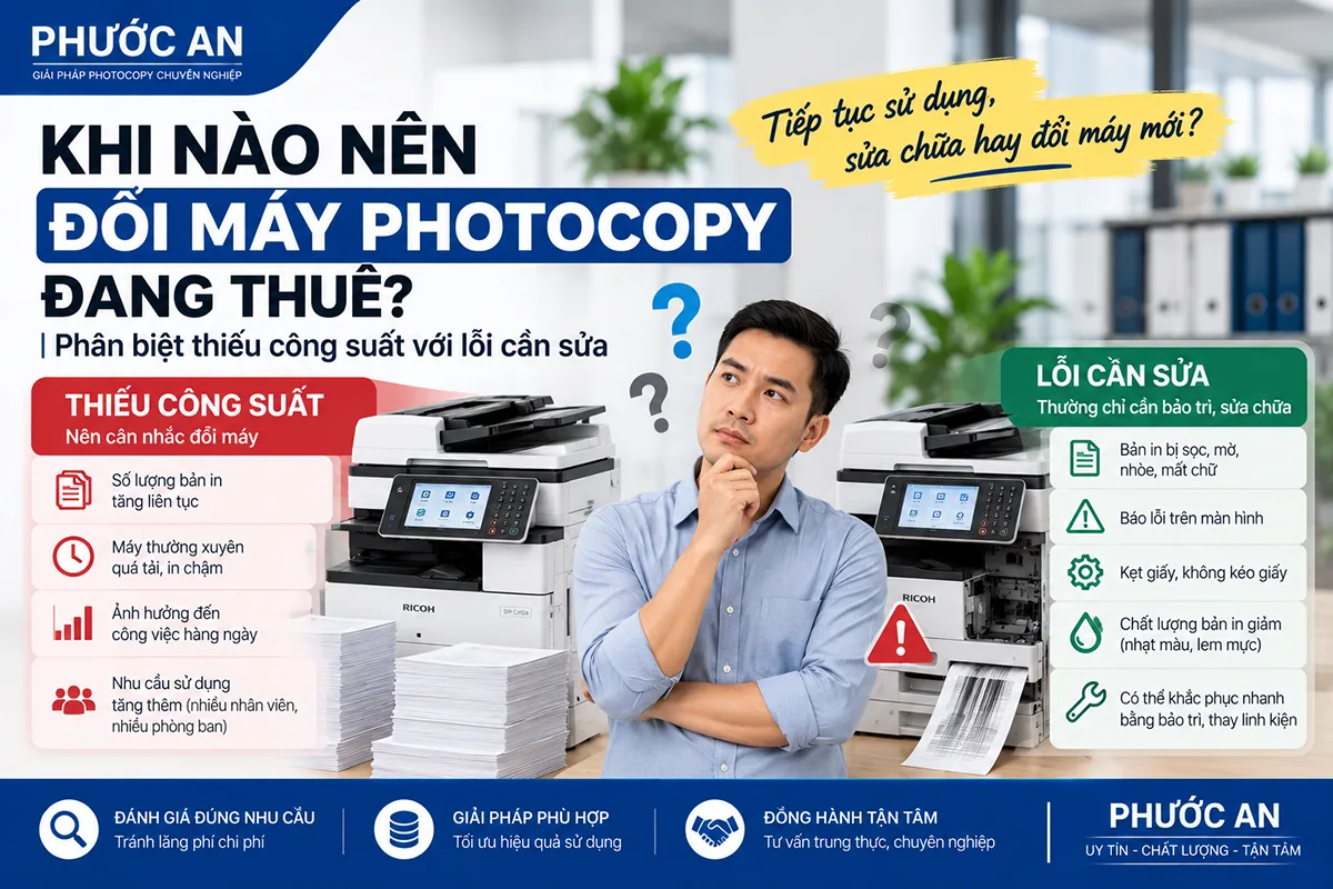 Khi nào nên đổi máy photocopy đang thuê? Phân biệt thiếu công suất với lỗi cần sửa