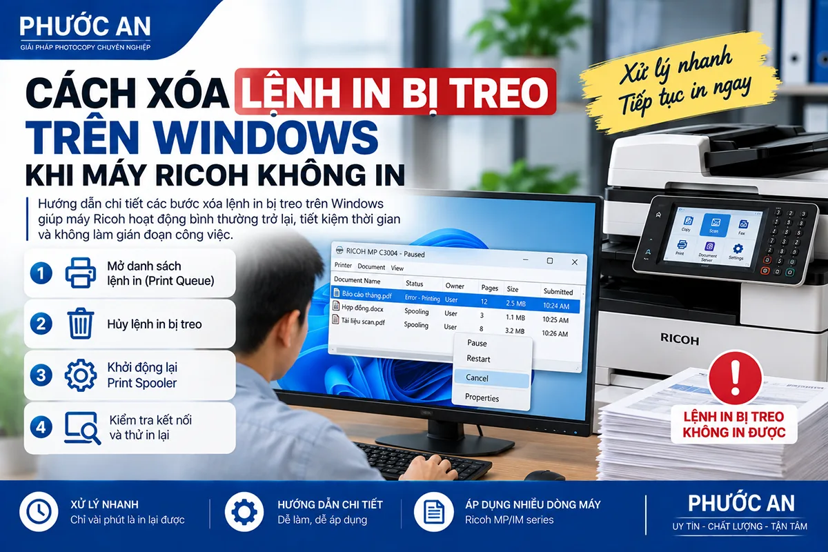 Cách xóa lệnh in bị treo trên Windows khi máy Ricoh không in
