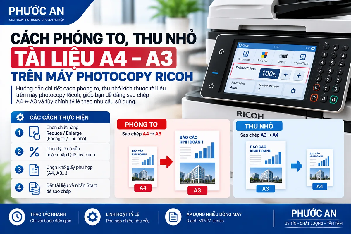 Cách phóng to, thu nhỏ tài liệu A4–A3 trên máy photocopy Ricoh